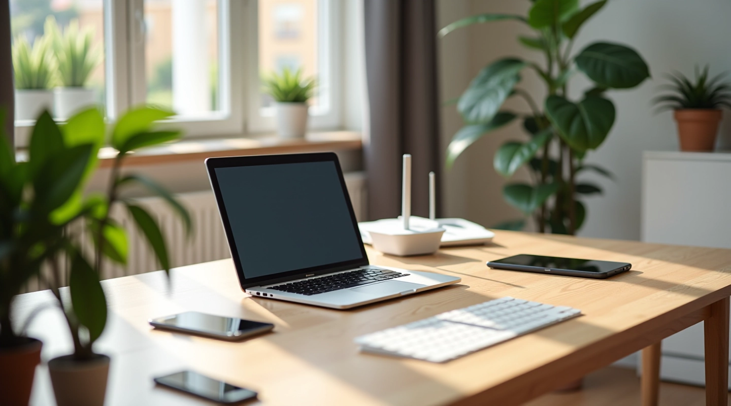 Ufficio domestico moderno con computer, router e dispositivi di rete collegati