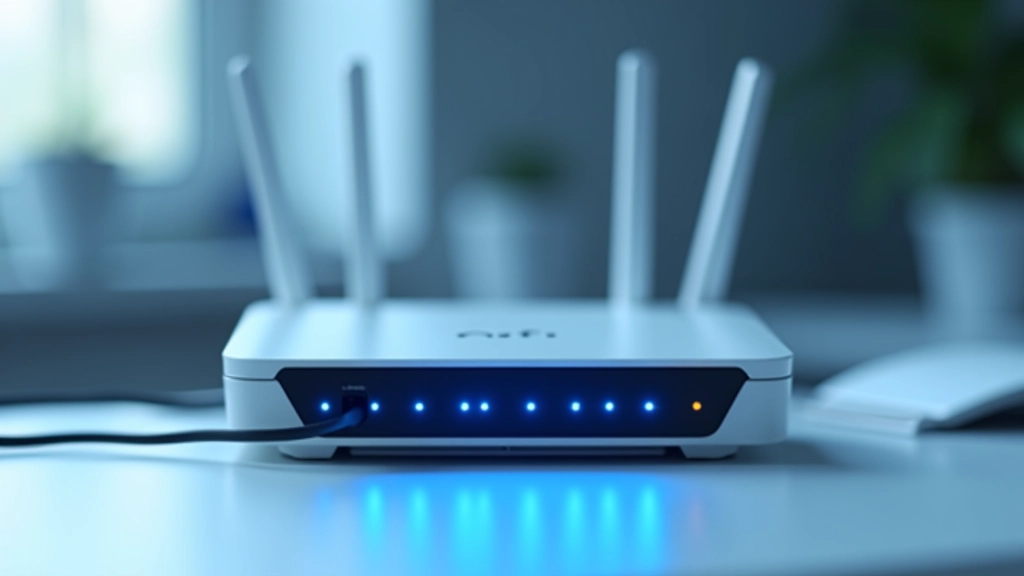 Router WiFi moderno con cavi Ethernet collegati e LED di stato accesi in blu