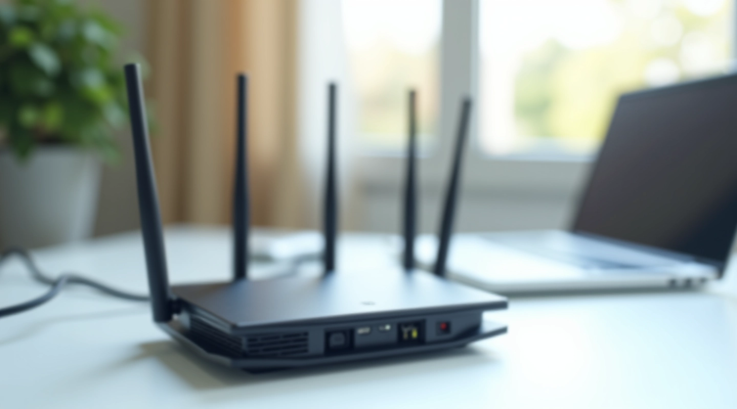 Configurazione router wifi moderno con cavi ethernet su scrivania bianca