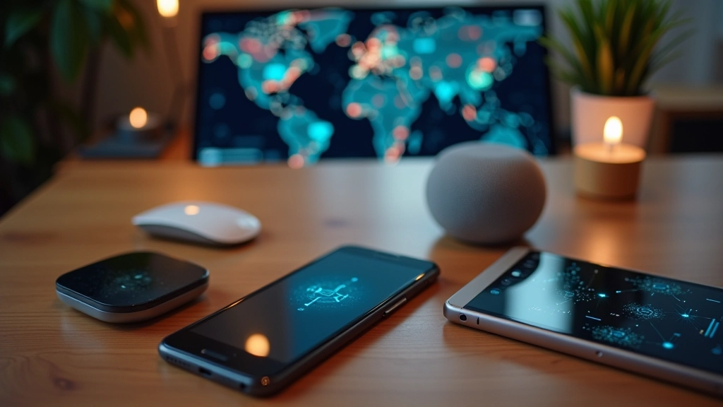 Dispositivi smart home collegati in rete: tablet, smartphone e altoparlante intelligente su tavolo