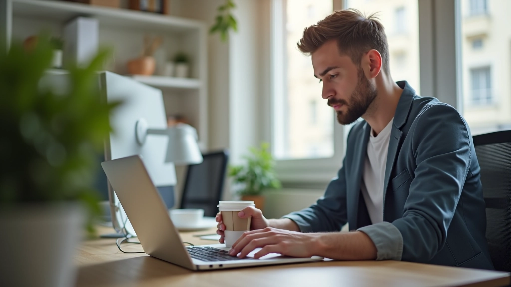 Persona che lavora al computer con una tazza di caffè